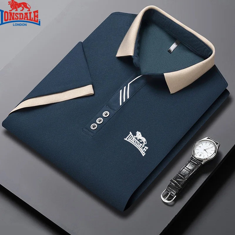 LONSDALE men's summer polo shirt with short sleeves, embroidered logo, lightweight, breathable fabric, in fresh casual style.