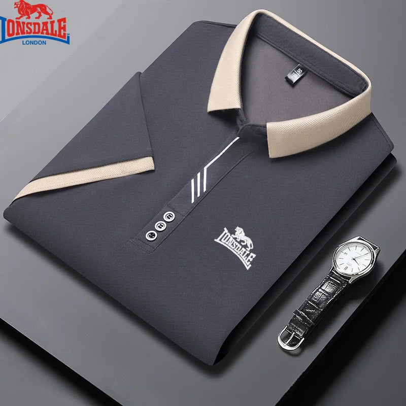 Lonsdale men's summer polo shirt with short sleeves, embroidered design, breathable fabric, in a casual, fresh style.