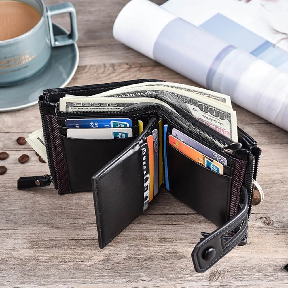 Vintage brown Lovellerry men's leather PU wallet with double zipper and multiple card slots, designed for everyday use.