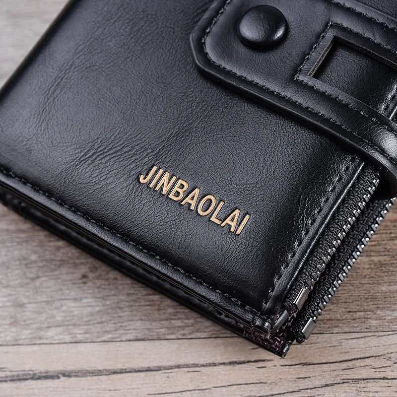 Brown Lovellerry men's leather PU vintage wallet with double zipper and multiple card slots, showcasing its stylish, functional design.