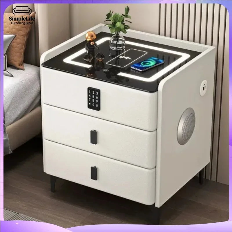 Light grey smart nightstand by Lumiere Home with wireless charging, combination lock, and modern bedroom furniture design.