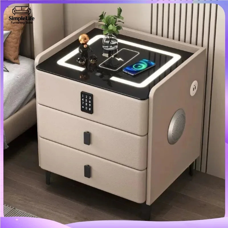 Light grey smart nightstand by Lumiere Home with wireless charging and combination lock, designed for modern bedroom furniture.