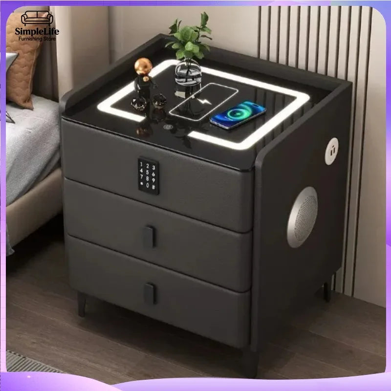 Light grey LUMIERE HOME smart nightstand with wireless charging pad, combination lock, and modern design for bedroom use.