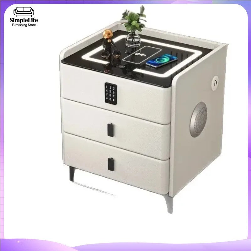 Light grey LUMIERE HOME smart nightstand with wireless charging, lock, and combination lock, 50cm, modern bedroom furniture.