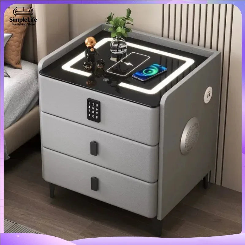 Light grey LUMIERE HOME smart nightstand with wireless charging and combination lock, 50cm modern bedroom furniture piece