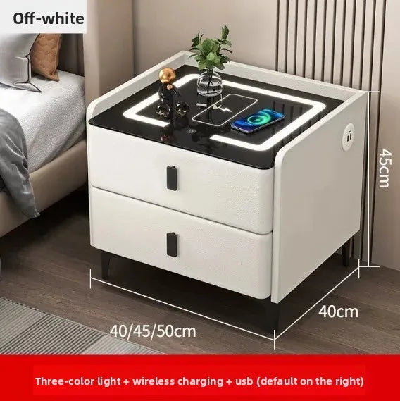 Light grey smart nightstand by Lumiere Home with wireless charging, lock, and combination lock for bedroom storage.