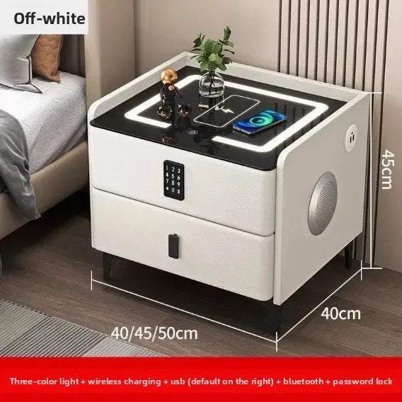 Light grey smart nightstand by Lumiere Home with wireless charging pad and combination lock, 50cm furniture for bedroom storage.