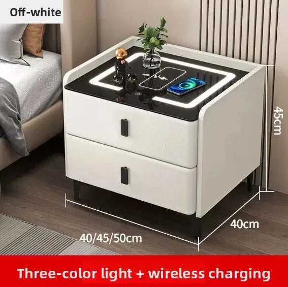 Light grey smart nightstand by Lumiere Home with wireless charging, lock, and combination lock for bedroom furniture.