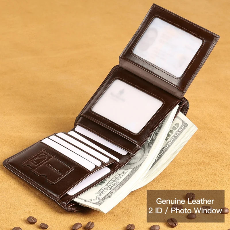 ManBang genuine leather men's wallet with multiple card slots, classic short design, in coffee brown, stylish and functional accessory.