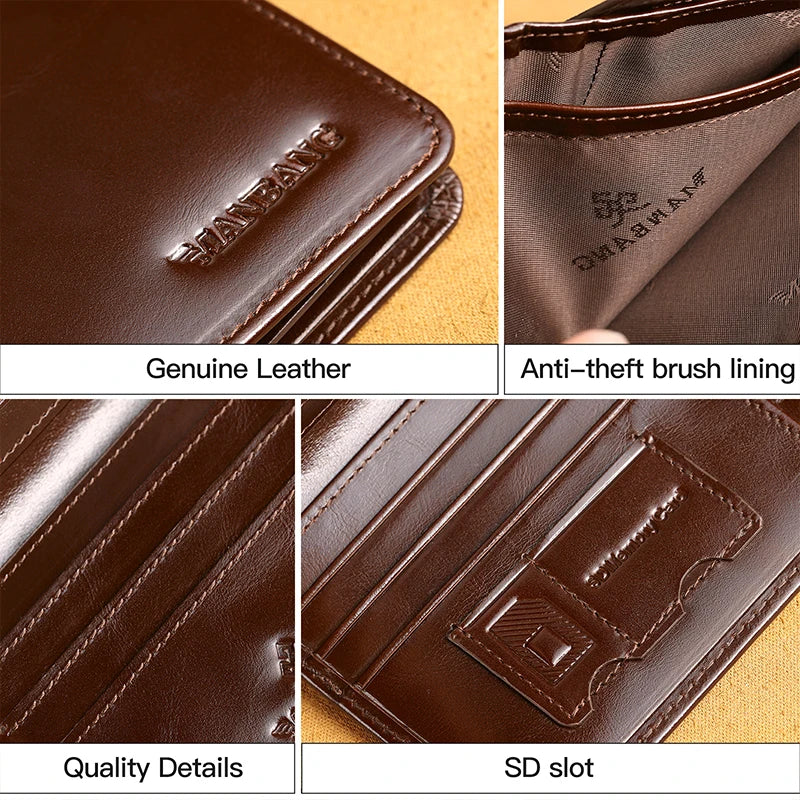 ManBang genuine leather men's wallet with classic short design, featuring card slots and a sleek coffee-colored finish.