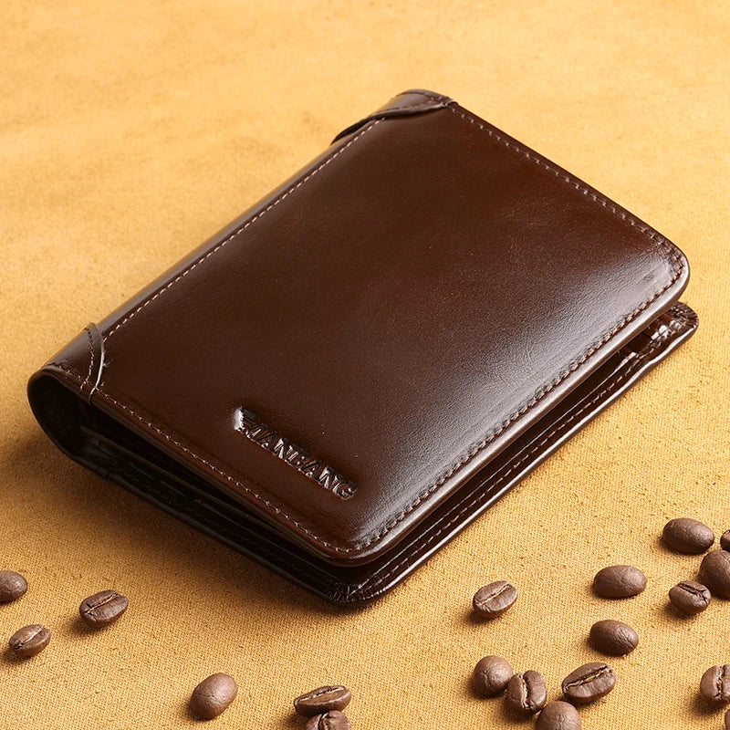 ManBang genuine leather men's wallet with card slots, classic short design, in a coffee color, featuring a sleek and minimalist style
