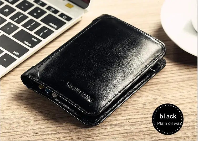 ManBang genuine leather men's wallet with classic short design, featuring multiple card slots and a sleek coffee color.