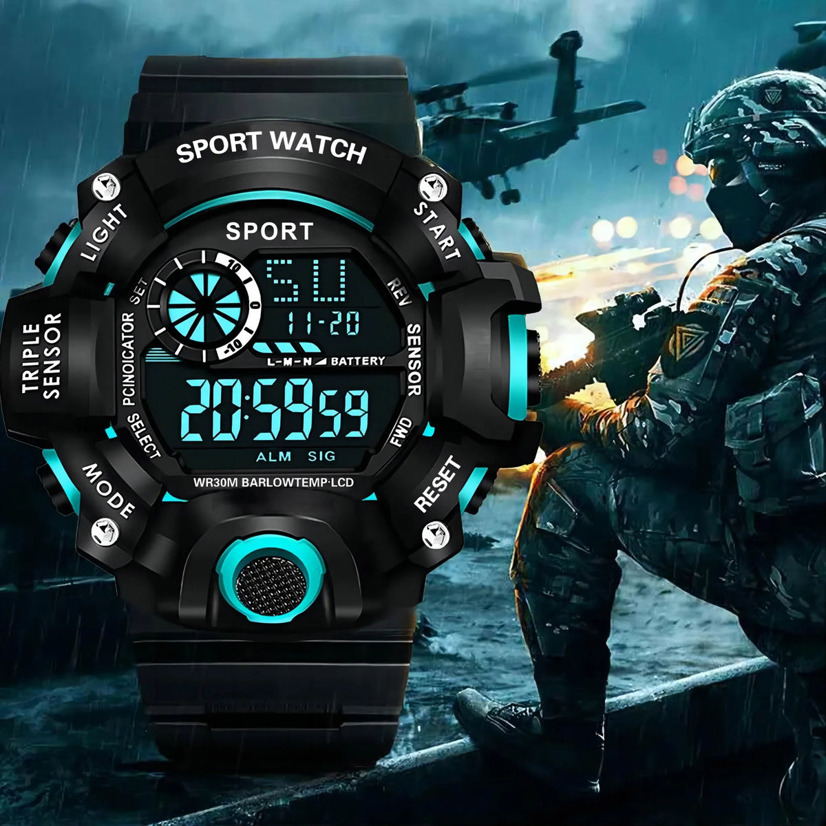 Digital sports watch by MAYZHISU for men with large face, multifunctional display, and water-resistant design.
