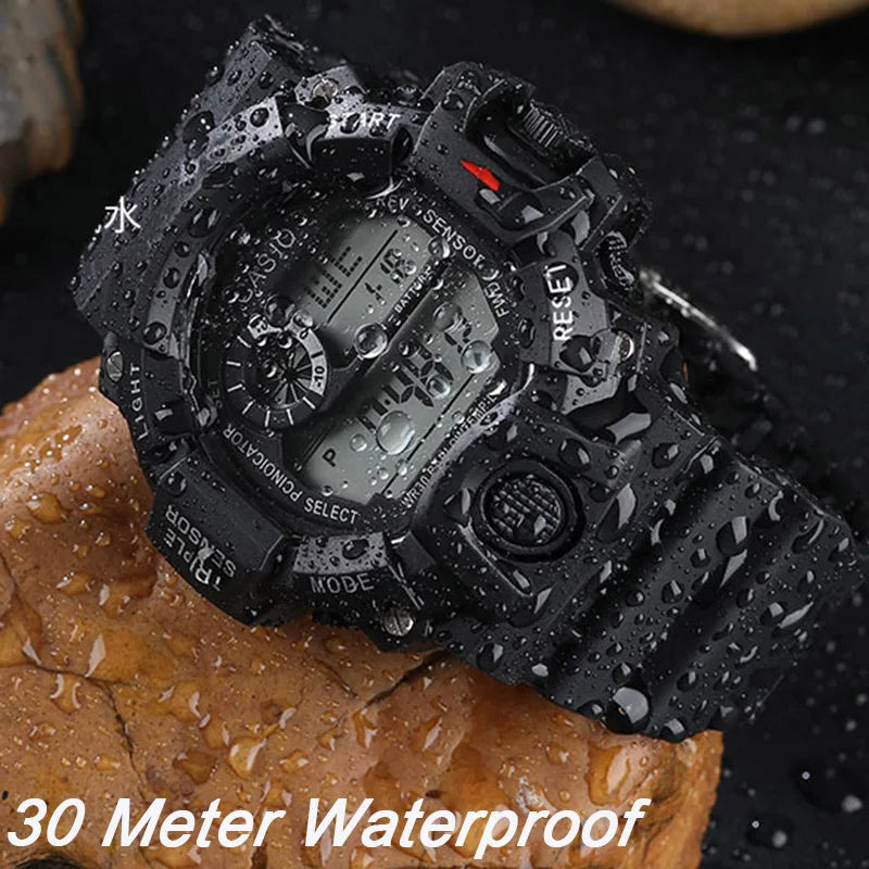 Digital sports watch for men by MAYZHISU with large face, multifunctional display, and water-resistant design for active wear.