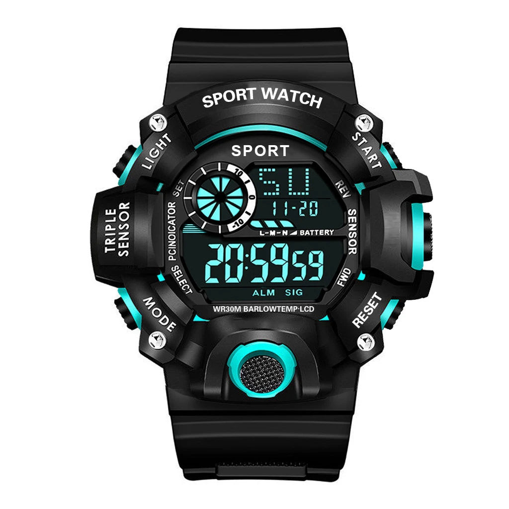 Digital sports watch by MAYZHISU for men with large face, multifunctional features, and water resistance, ideal for active use.