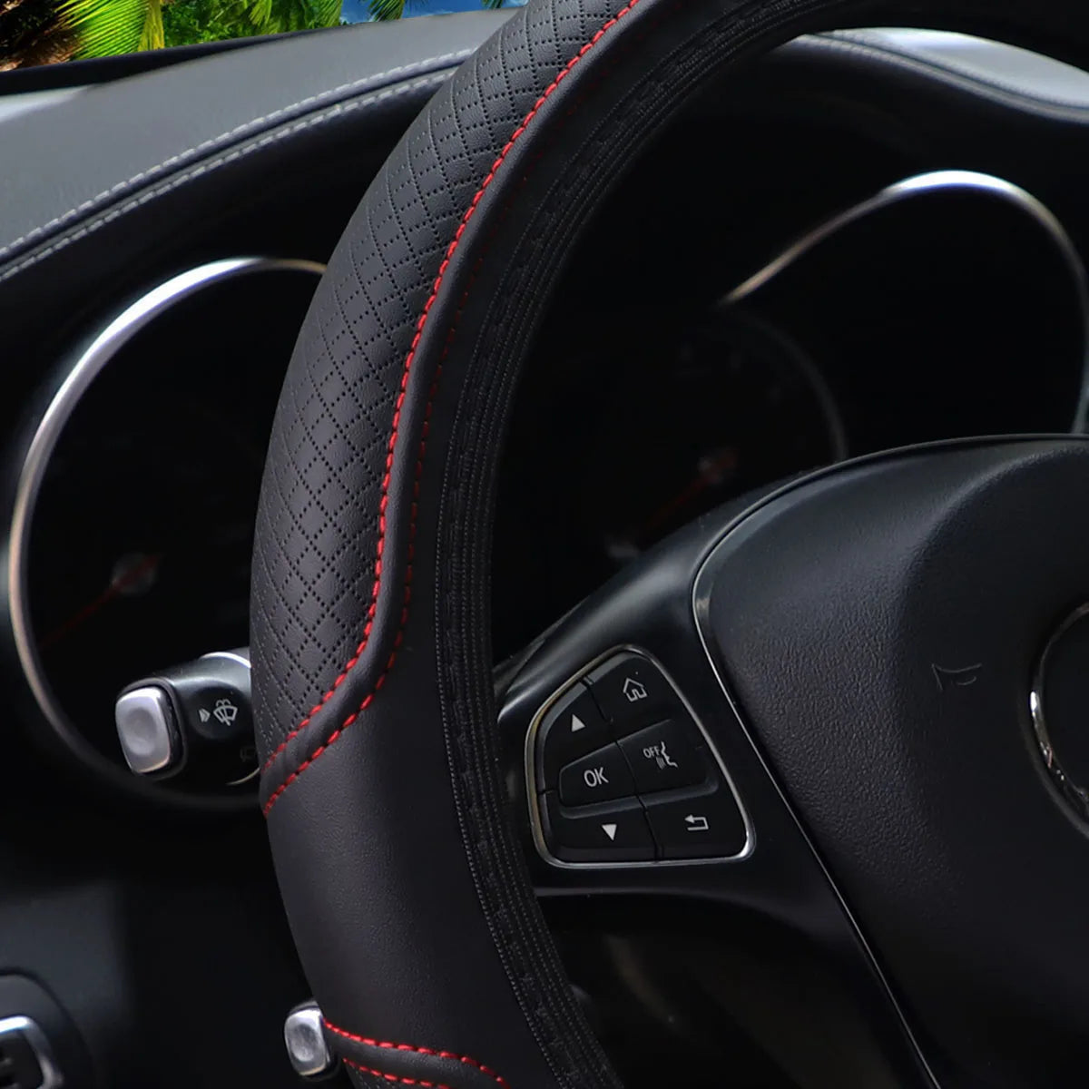 Black PU leather steering wheel cover for 14.5-15 inch cars, MEIKAXIU, with textured, anti-slip design for universal fit and enhanced grip.