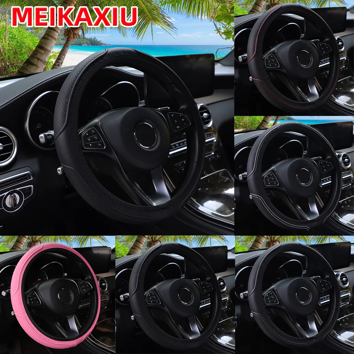 Black PU leather steering wheel cover with textured grip, fits 14.5-15 inch wheels, universal, antideslizante, for car interior accessories.