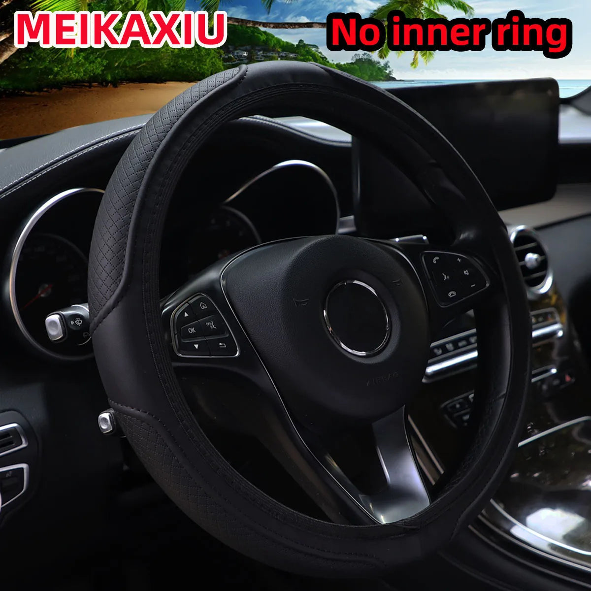 Black PU leather steering wheel cover with textured relief for 14.5-15 inch cars, MEIKAXIU universal anti-slip interior accessory.