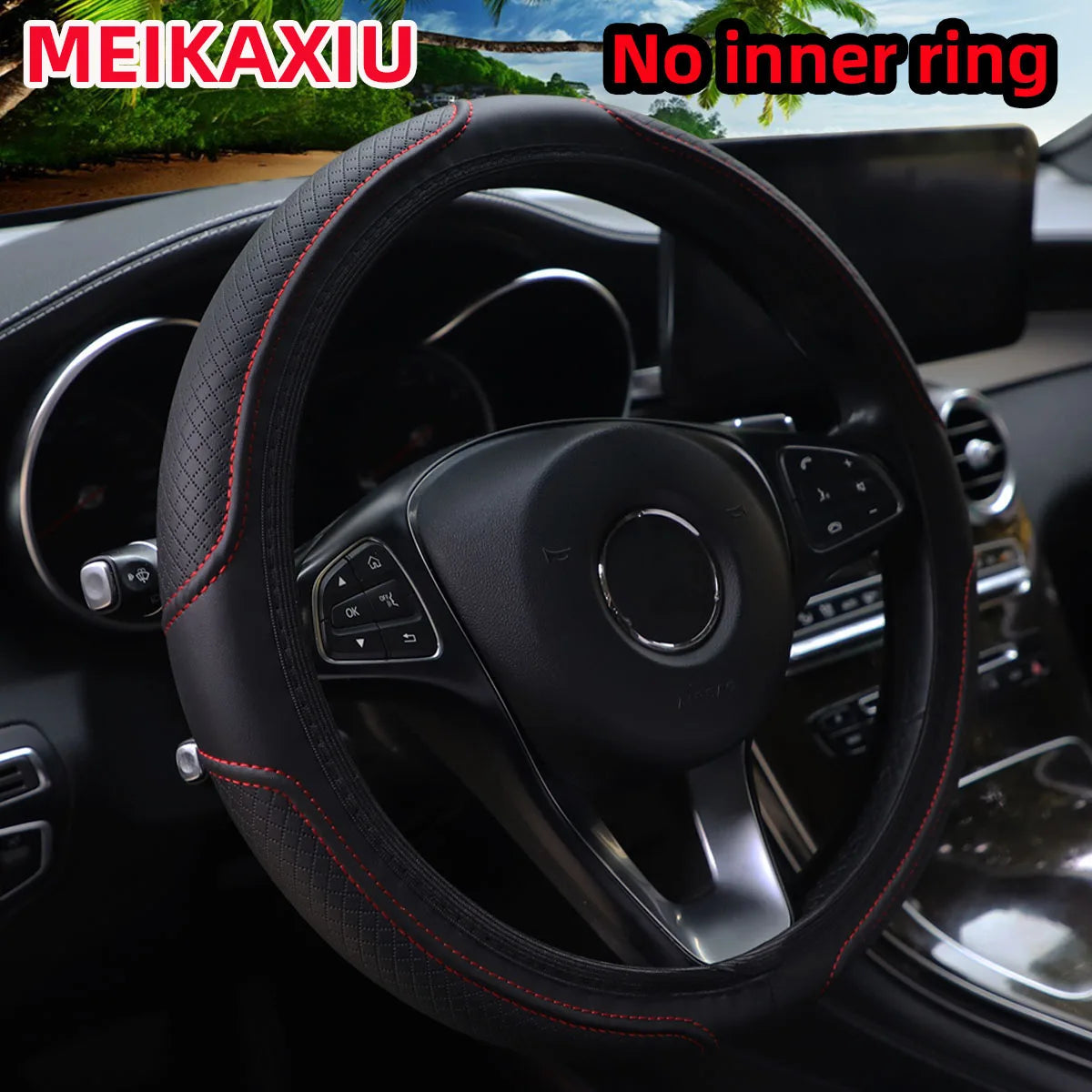 Black PU leather steering wheel cover with textured grip, fits 14.5-15 inch wheels, universal size, MEIKAXIU antideslizante accessory.