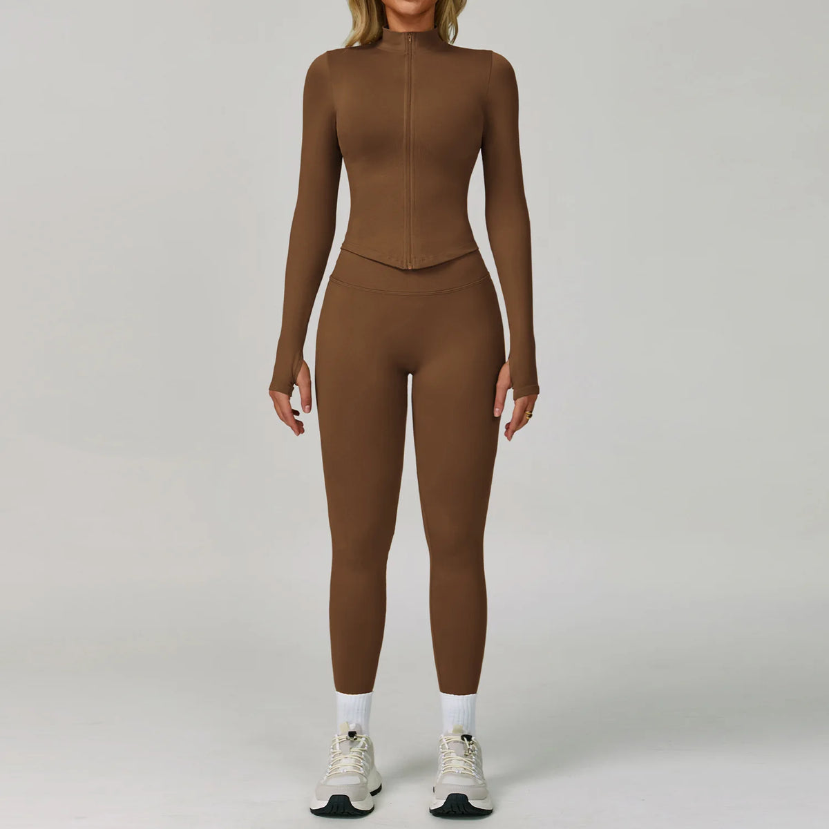 Miketi women's seamless yoga set in deep coffee, breathable and elastic, includes top and leggings, perfect for active wear.