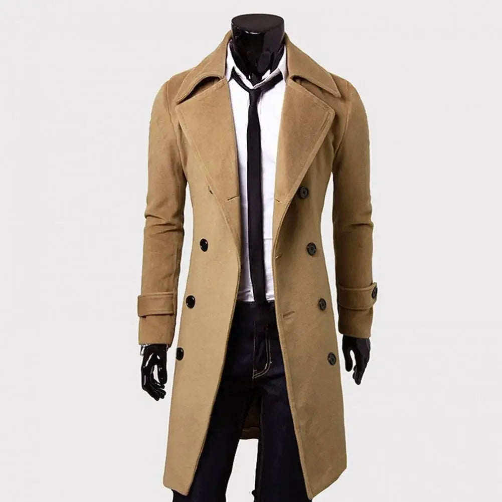 MLSJSHIQI men's black winter gabardina with double button closure, warm casual coat, suitable for cold weather.