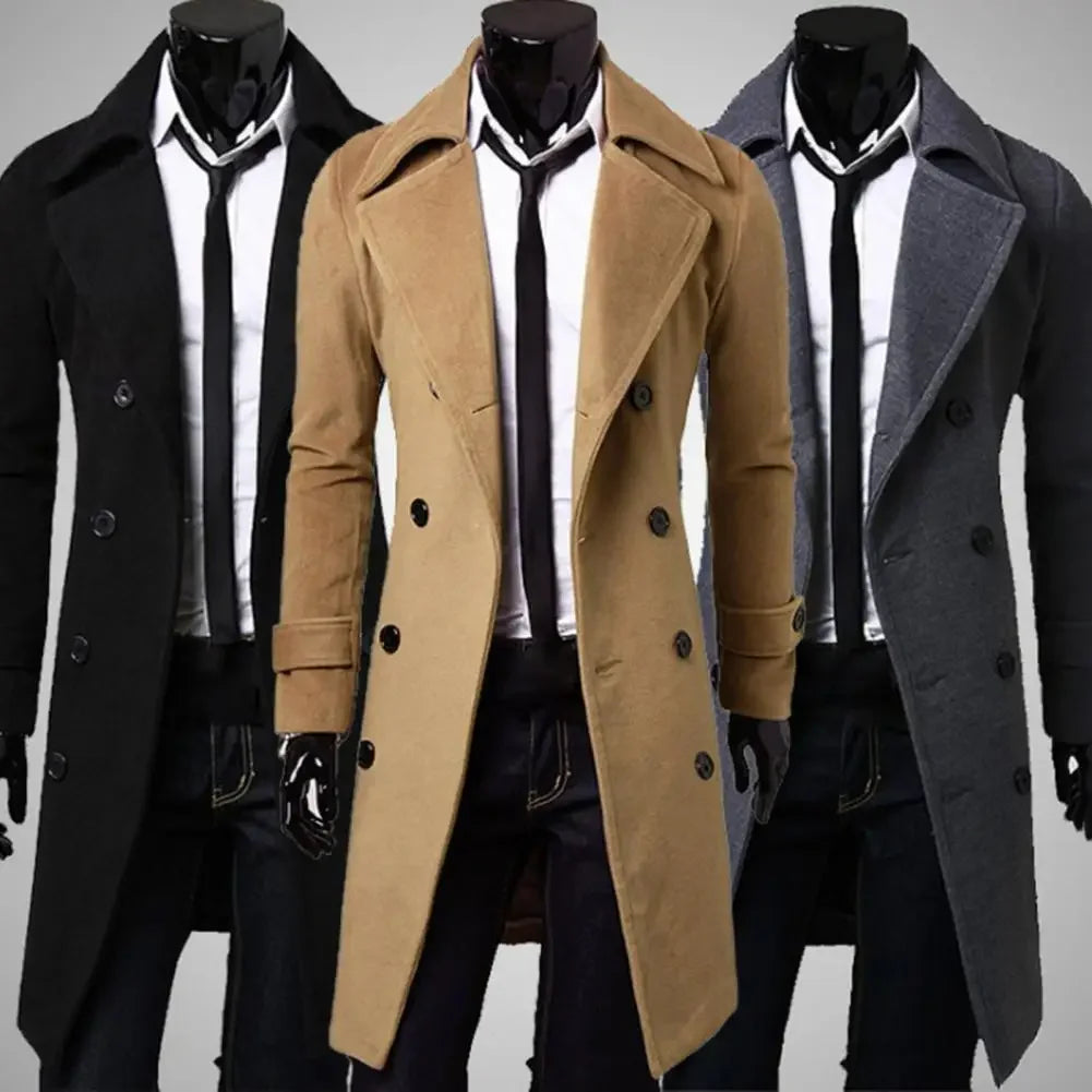 Black MLSJSHIQI men's double-breasted winter gabardine coat, warm casual outerwear with button details.