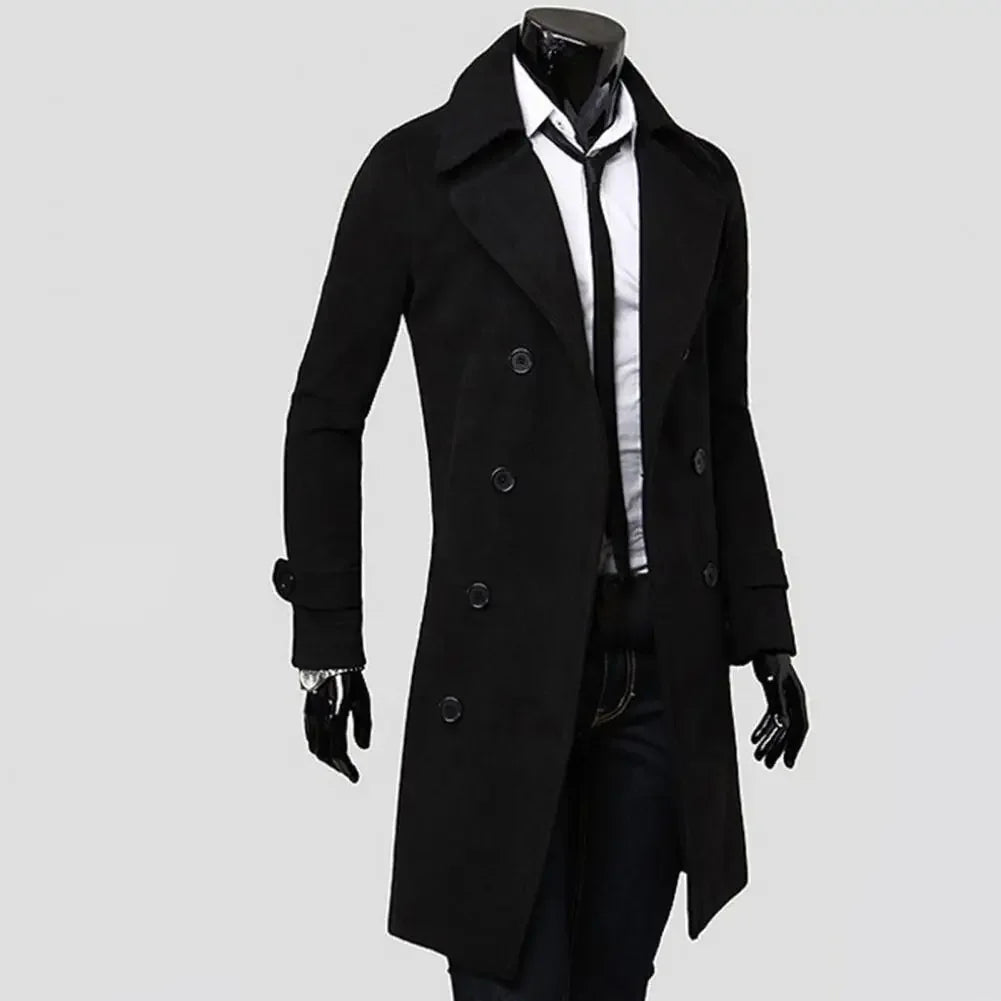Black MLSJSHIQI men's winter gabardine coat with double button closure, warm casual style, suitable for cold weather.