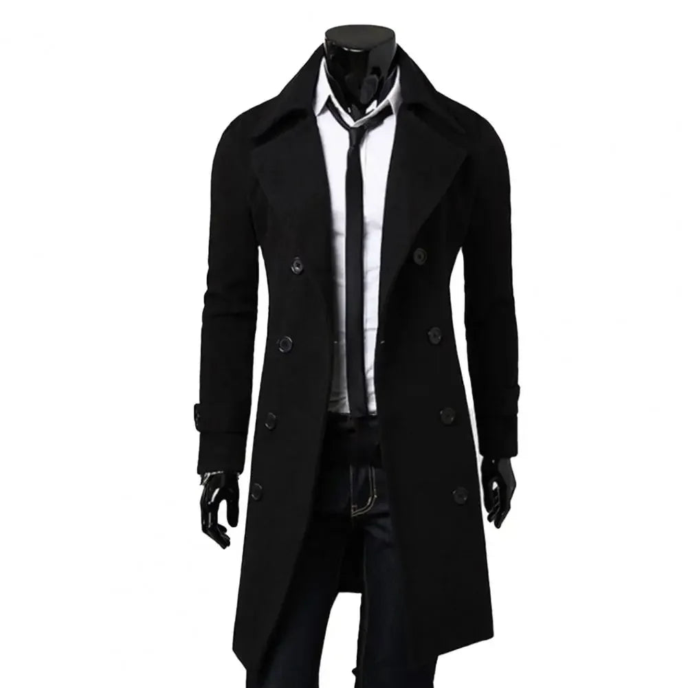 Black MLSJSHIQI men's winter gabardine coat with double button closure, warm casual style, suitable for cold weather.