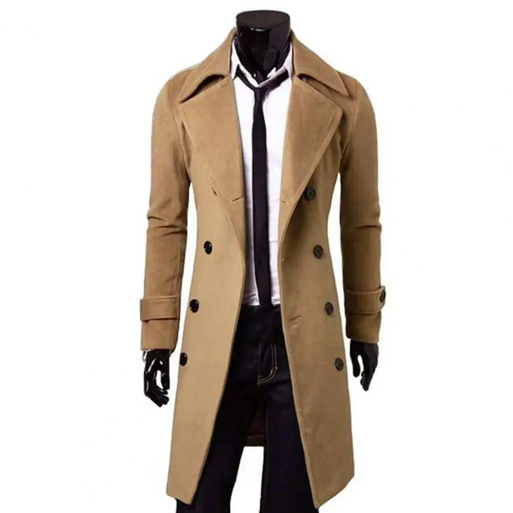 MLSJSHIQI men's black winter gabardine coat with double button closure, warm casual style, suitable for cold weather.