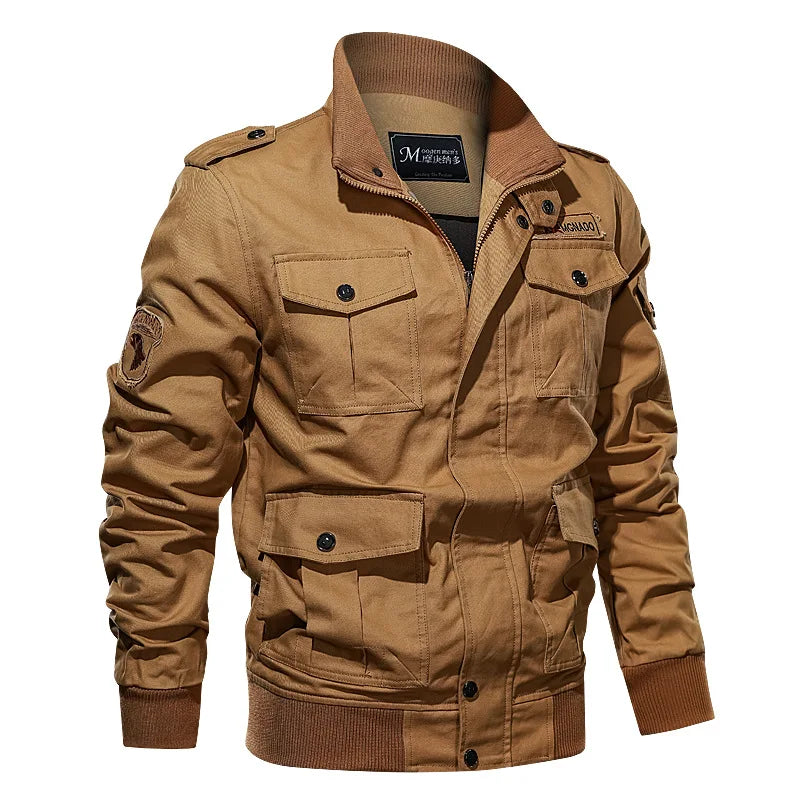 Men's NITWHD khaki cargo jacket with multiple pockets, front zipper, military style, perfect for autumn casual wear.
