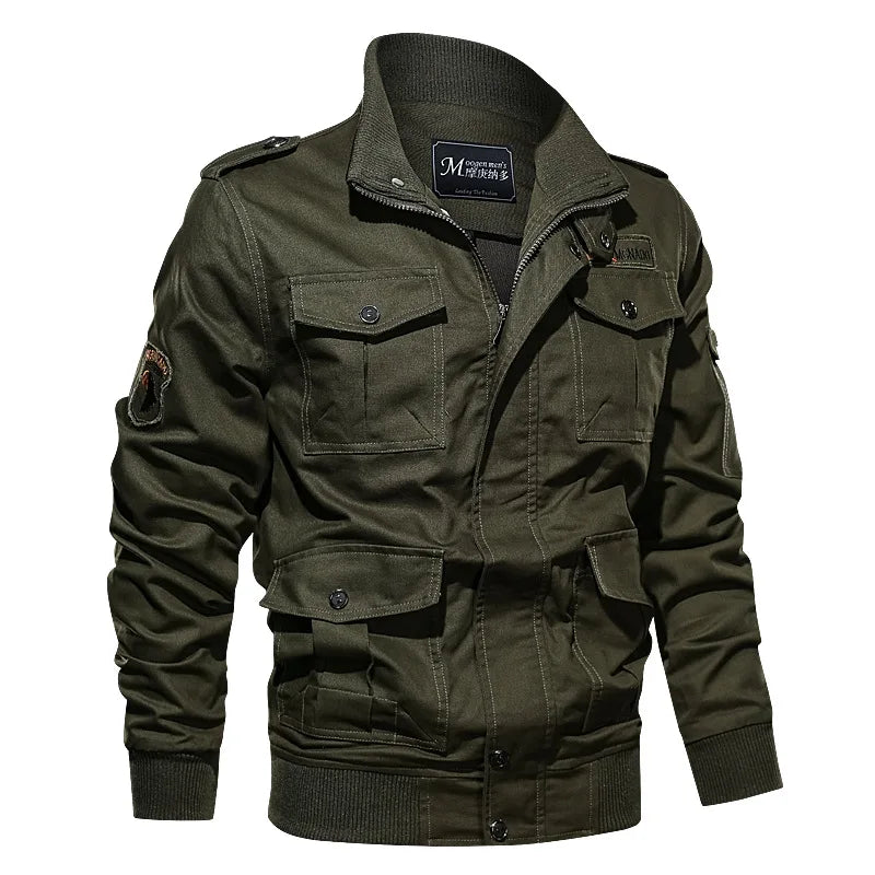 NITWHD men's khaki cargo jacket with multiple pockets, zipper closure, suitable for fall, military-inspired style.