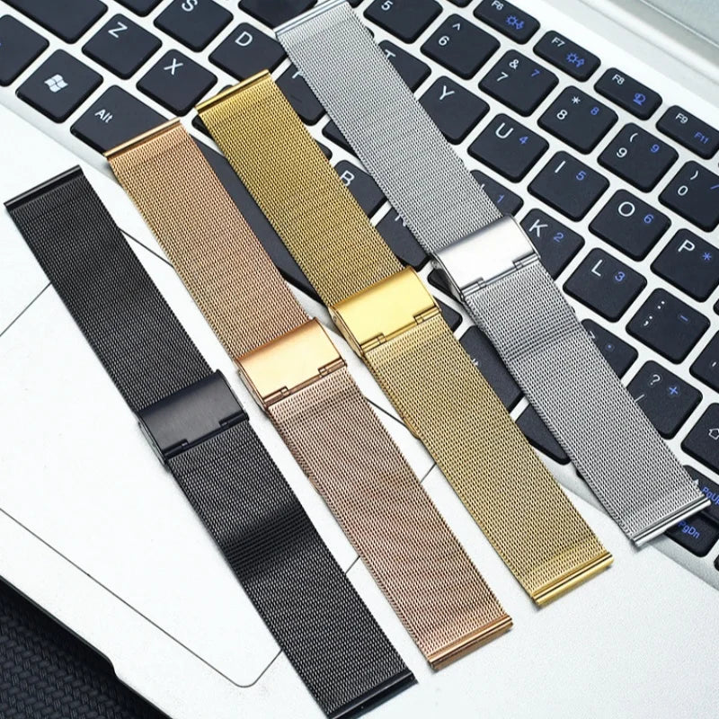 Stainless steel Milan Loop watch strap in silver with quick release, 22/20mm width, compatible with various watch brands.