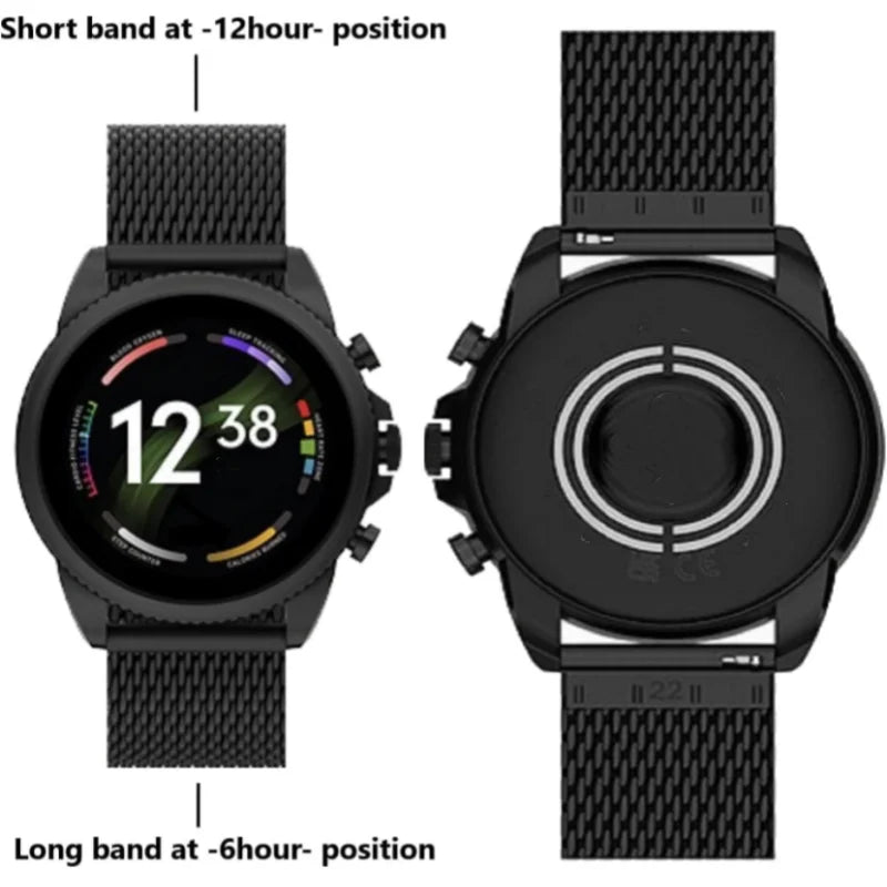 Silver stainless steel Milan Loop watch strap with quick-release mechanism, designed for 22/20mm watch lugs, universal fit.