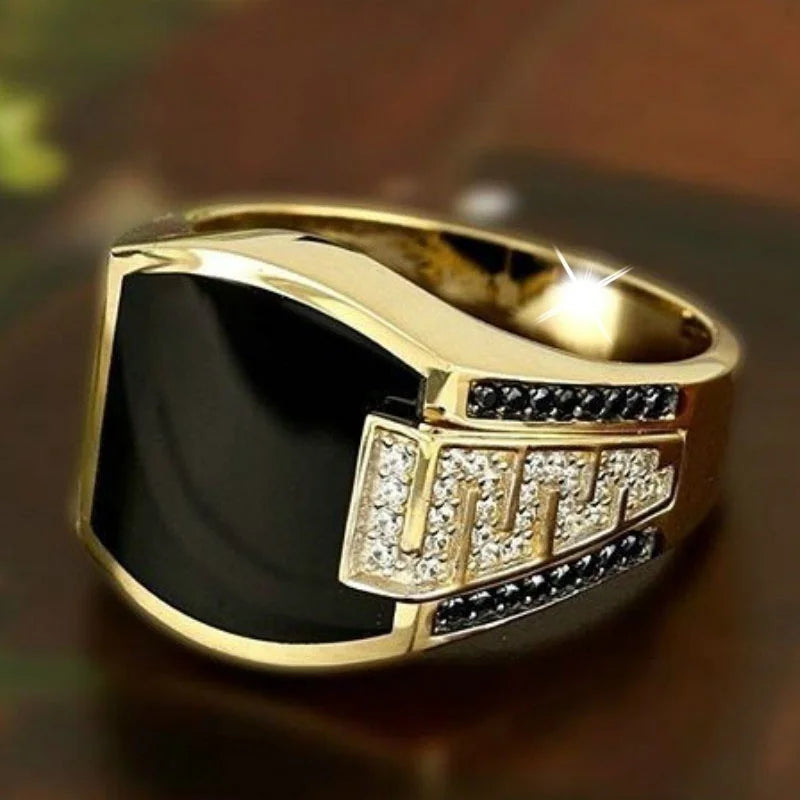 Gold men's punk ring with black stone and zirconia, suitable for wedding or engagement, stylish jewelry for men.