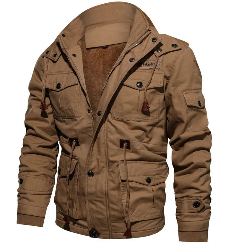 Green men's military winter jacket with cargo pockets, warm cotton fabric, size 6XL, designed for cold weather comfort.
