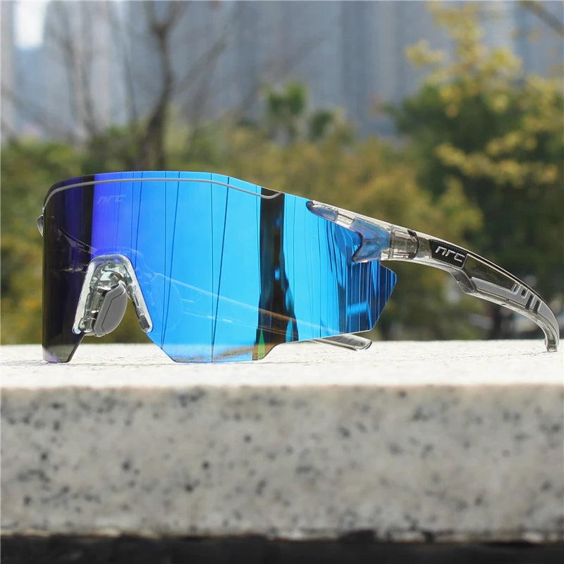 NRC UV400 TR90 cycling sunglasses with black frames and tinted lenses, ideal for MTB, fishing, and hiking activities.