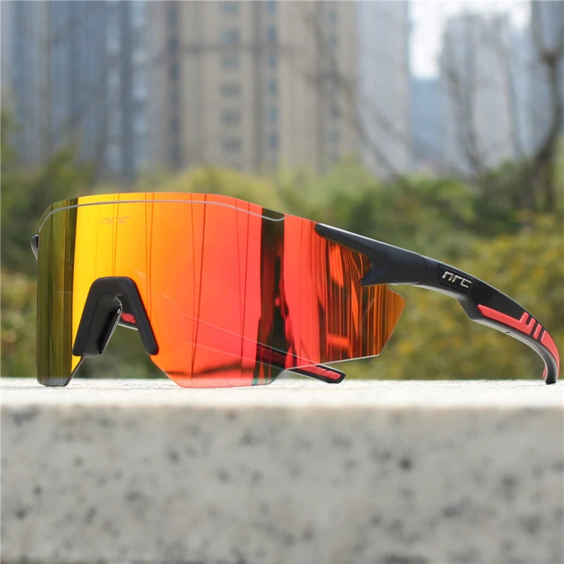 NRC UV400 TR90 cycling sunglasses with black frames and tinted lenses for MTB, fishing, and hiking activities.
