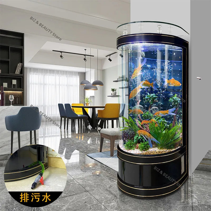 Large semicircular OAKCIA modern aquarium with auto-cleaning, 50x50x138cm, suitable for home decor and aquatic display.