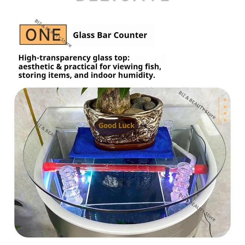 Large semicircular OAKCIA modern aquarium with auto-clean feature, perfect for stylish home decor and aquatic displays.