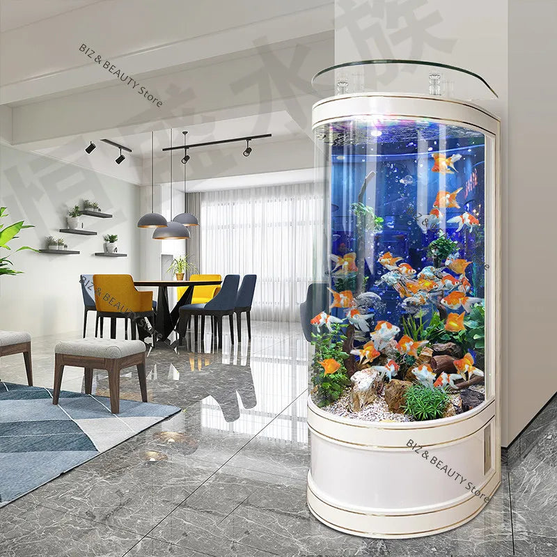 Large semicircular OAKCIA aquarium with self-cleaning system, modern home decor for aquatic environments, measuring 50x50x138cm.