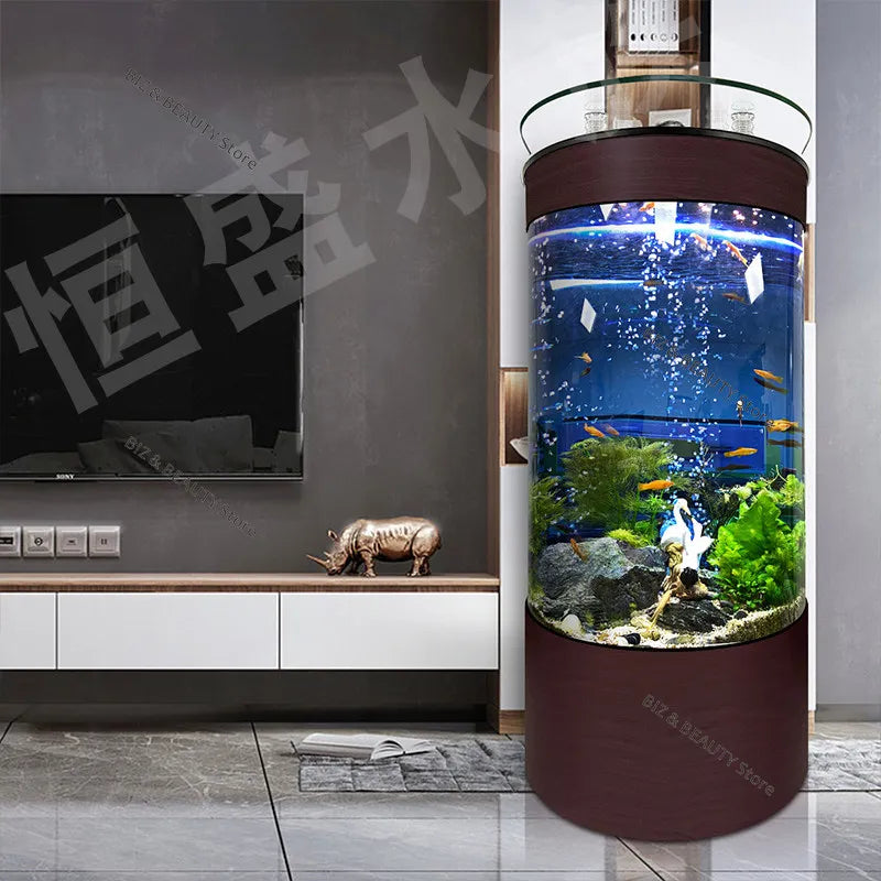 Large semicircular OAKCIA auto-cleaning aquarium for modern home decor, measuring 50x50x138cm with sleek design