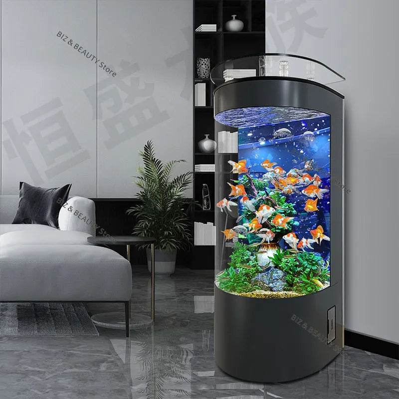 Large semicircular OAKCIA aquarium with auto-clean feature, modern home decor aquarium for freshwater fish, 50x50x138cm.