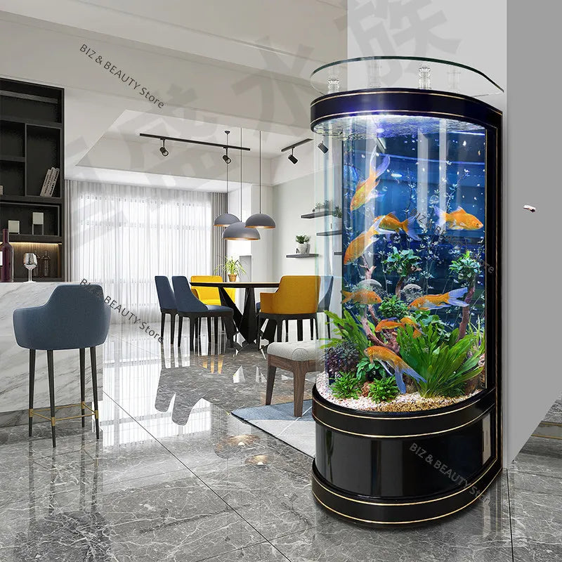 Large semicircular OAKCIA aquarium for home decor, featuring modern design and self-cleaning features in a 50x50x138cm size.