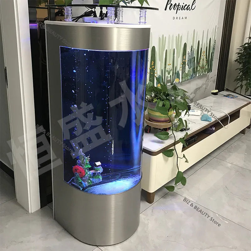 Large semicircular OAKCIA modern aquarium with auto-clean feature, 50x50x138cm, perfect for stylish home decor.