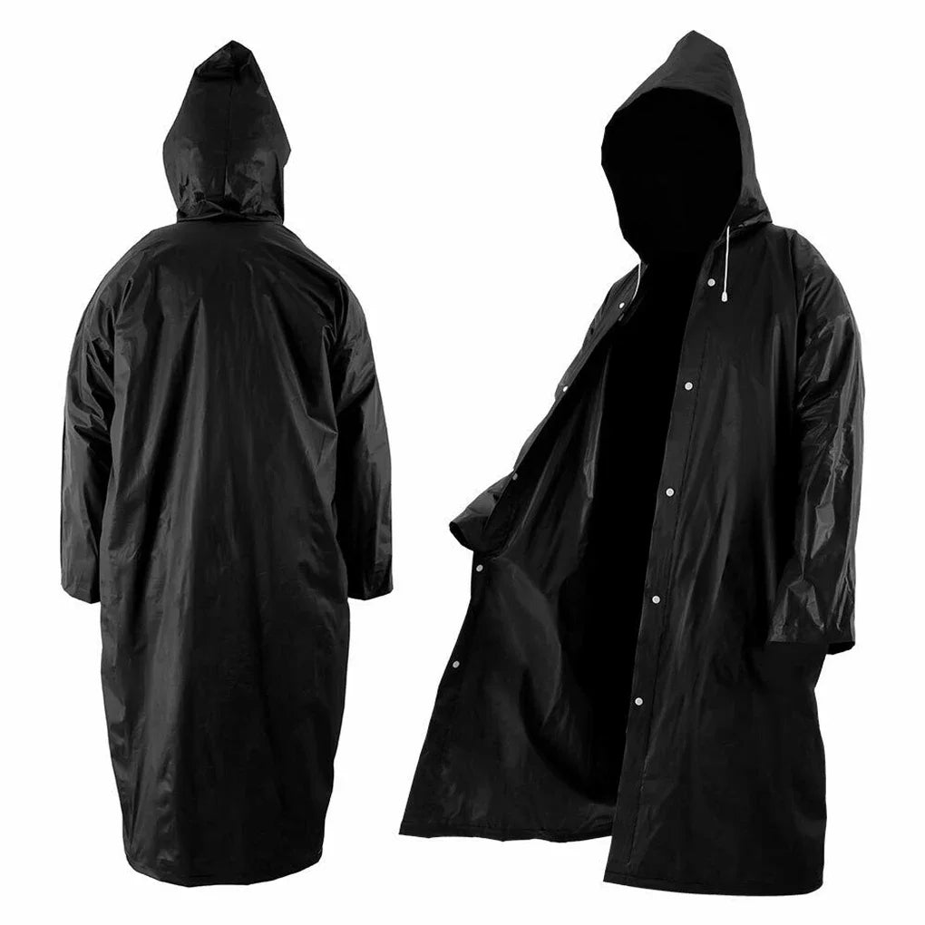Unisex black EVA raincoat by OIMG, waterproof outdoor apparel, 145x68cm size, suitable for camping activities.
