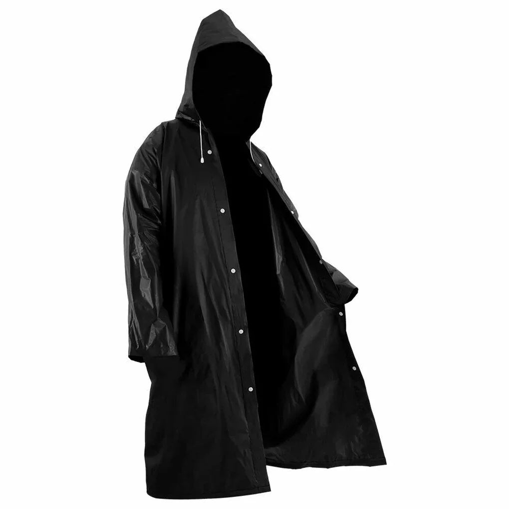 Unisex black EVA waterproof raincoat for camping, 145x68cm, made by OIMG, showing the lightweight, durable exterior fabric.