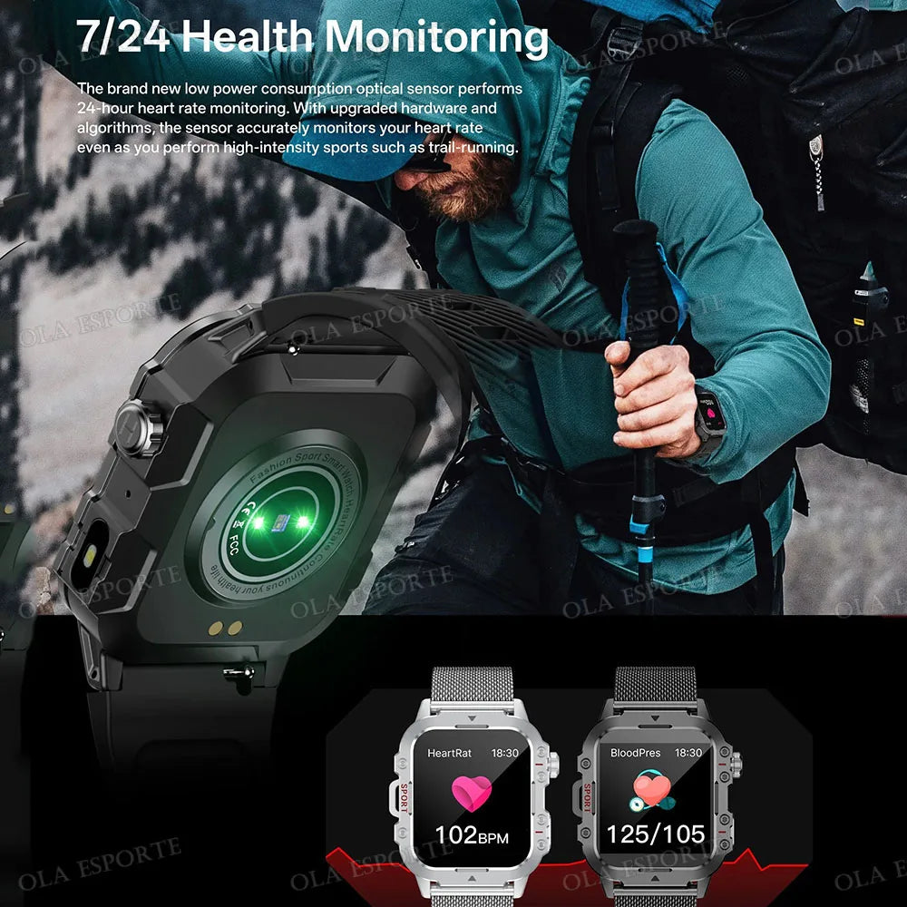 Ola Esporte Reloj Militar 2026 para hombre con pantalla HD de 2.01 pulgadas, linterna LED y función Bluetooth.