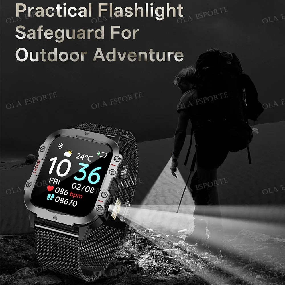 Ola Esporte Reloj Militar 2026 para hombre con pantalla HD 2.01", linterna LED y Bluetooth, en color plateado.