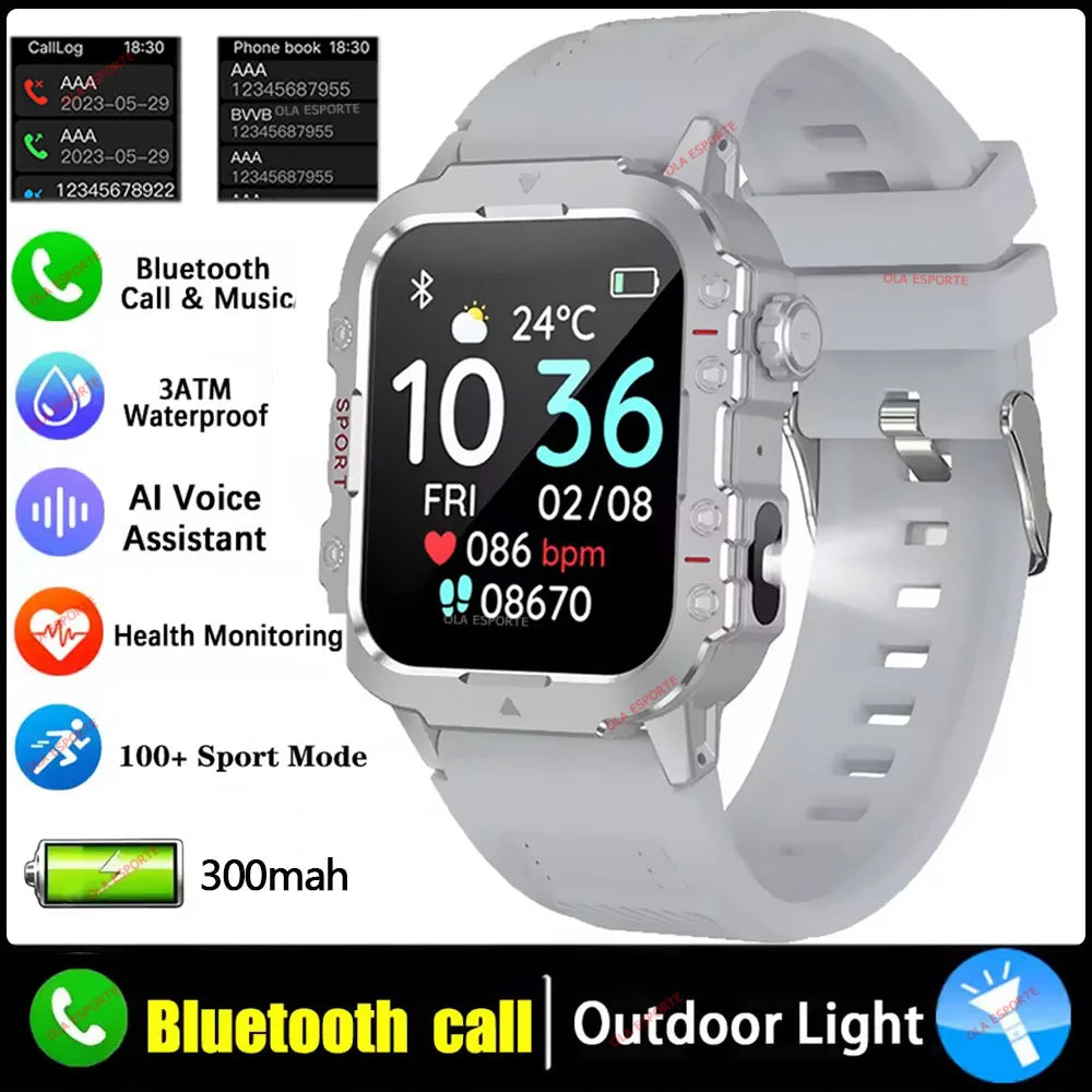 Ola Esporte Reloj Militar 2026 Hombre con pantalla HD 2.01", linterna LED y Bluetooth, en color plateado.