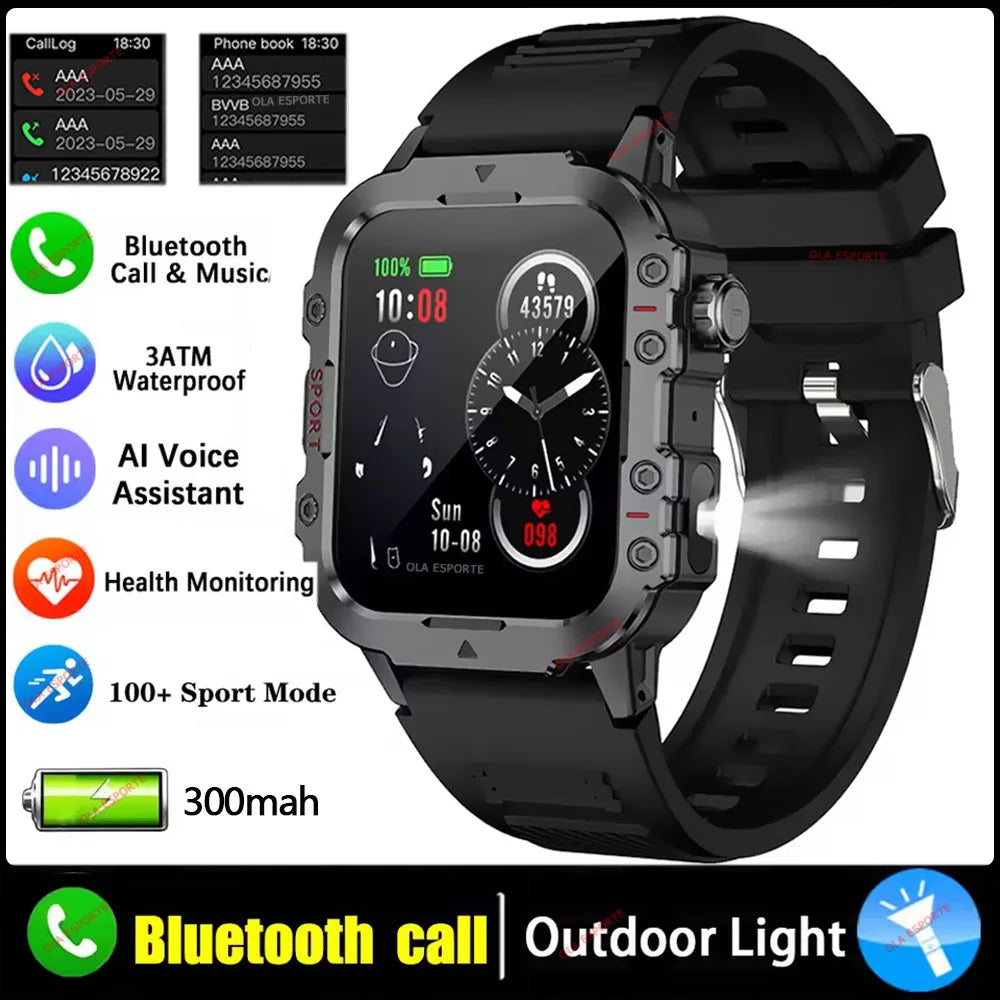 Reloj militar 2026 Ola Esporte para hombre con pantalla HD 2.01", linterna LED y Bluetooth, en color plateado.